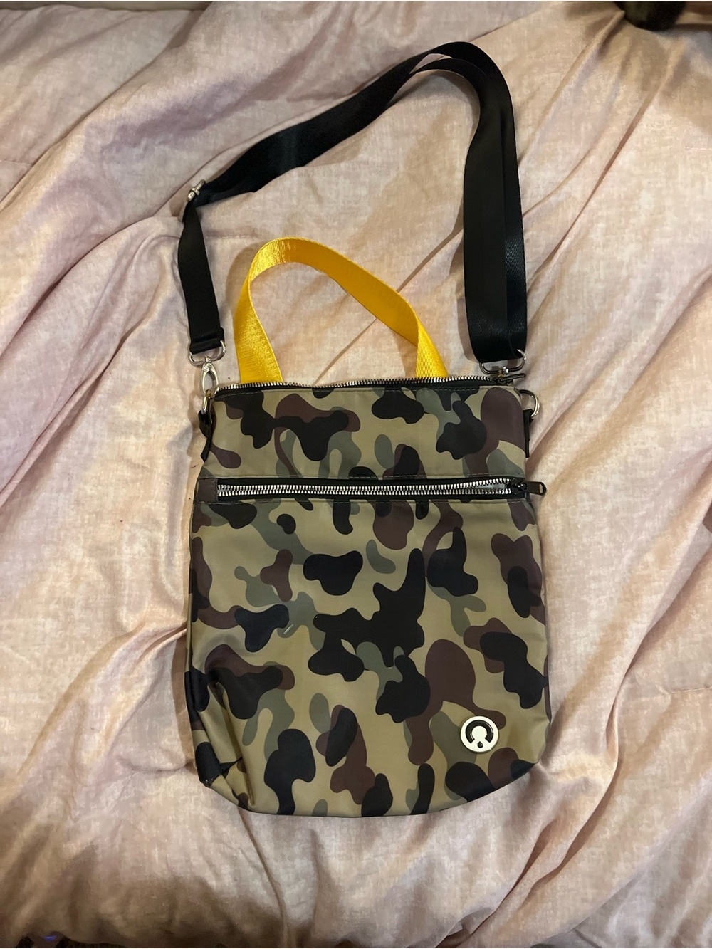 Free People Camouflage Crossbody Bag with Yellow Handles